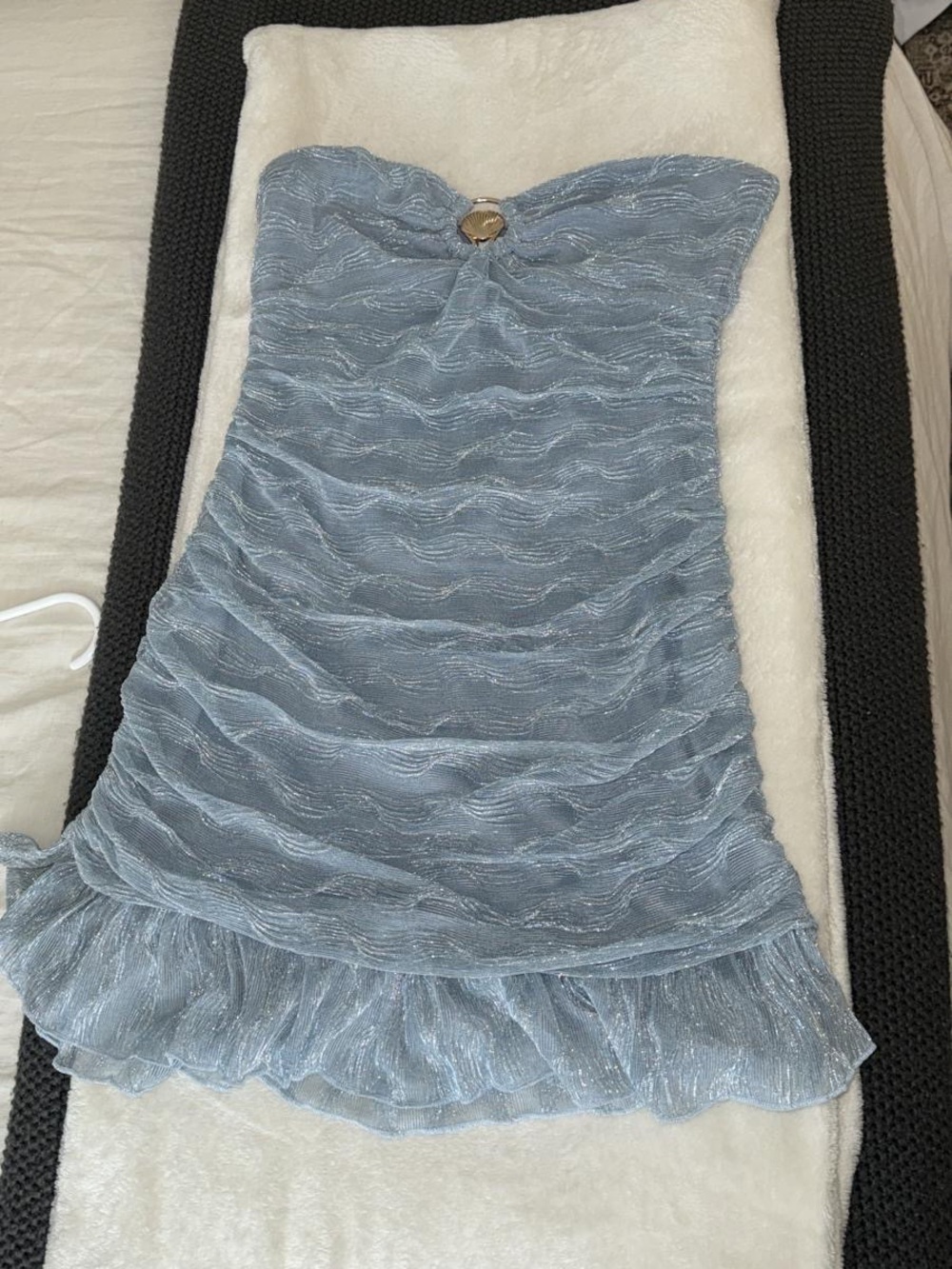 Hello Molly Strapless Silver-Trim Light Blue Ruffle Dress